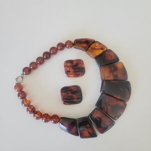 1980s tortoiseshell resin necklace with matching pierced earrings